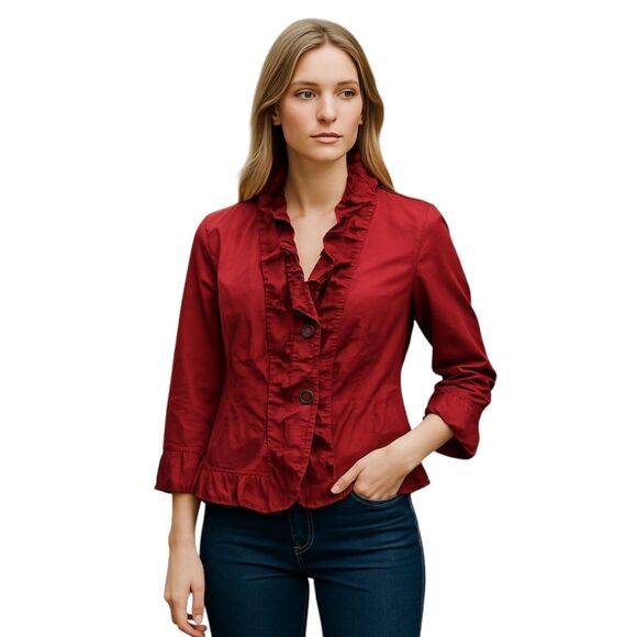 XCVI Wearables Red Cotton Jacket or Shacket Ruffles Snaps 3/4 Sleeve Boho Small - Picture 1 of 16